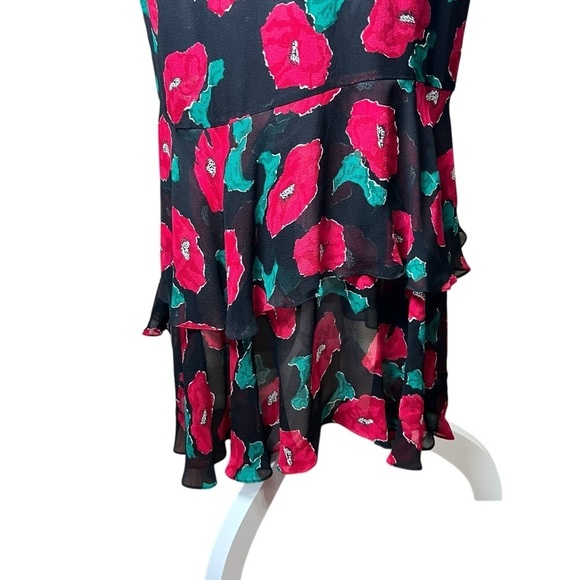 Vintage JOANIE CHAR 100% Silk Ruffled Floral Dress Red Black Chiffon Maxi Size 6 - Picture 8 of 9